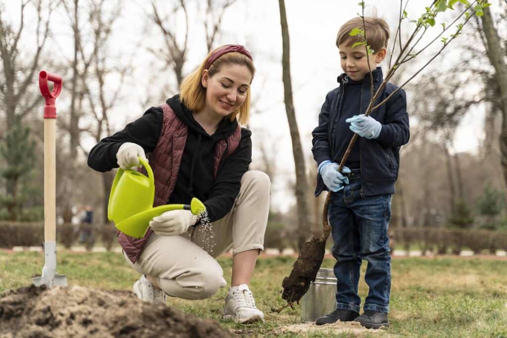 gardening with mother and son